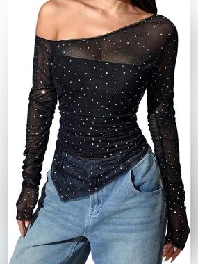 MAKEMECHIC Black Rhinestone Mesh One Shoulder Y2K Top M